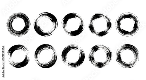 A collection of ten abstract, hand-drawn brush stroke circles in black ink on a white background, representing a variety of imperfect circular shapes.