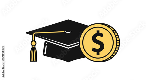 A graduation cap with a golden coin featuring a dollar sign, symbolizing educational funding or financial aid for students.