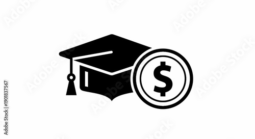 A graduation cap is shown next to a coin with a dollar sign, symbolizing educational funding or financial aid for students.