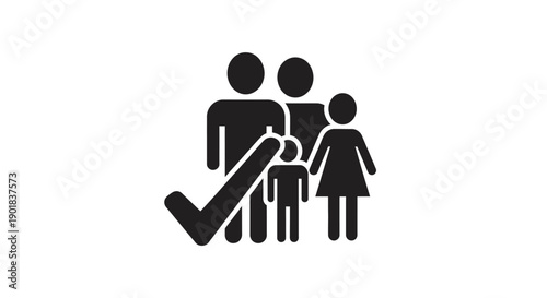 A black and white icon representing a family with a checkmark, symbolizing approval or selection.