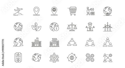 A collection of line art icons representing various business, environmental, and global concepts.