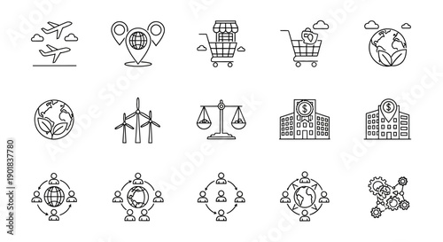 A collection of line art icons representing various business, travel, and environmental concepts.