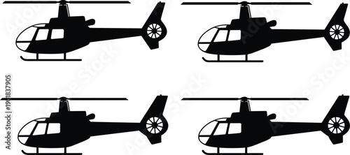 A collection of four identical black silhouette helicopter arranged in a two-by-two grid on a white background