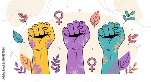 Three raised fists in yellow, purple, and teal, symbolizing female empowerment and solidarity.