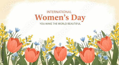 International Women's Day celebration with tulips and mimosa flowers, promoting beauty and empowerment.