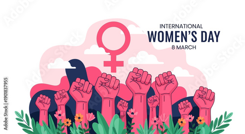 International Women's Day celebration with raised fists and the female symbol.