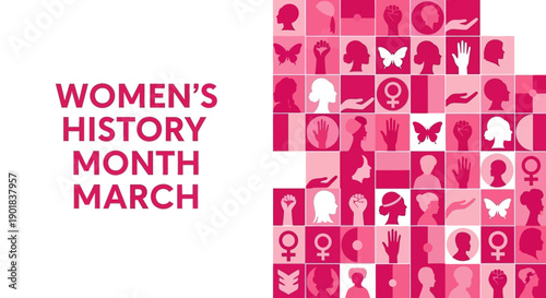 Celebrating Women's History Month in March with a vibrant collage of female silhouettes, symbols, and butterflies in shades of pink.