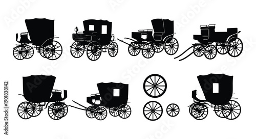 Black silhouette illustrations of vintage horse drawn carriages and wheels