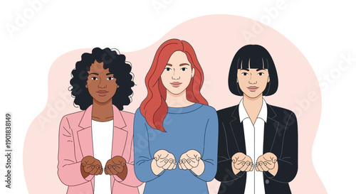 Three diverse women standing together with open hands, symbolizing unity and support.