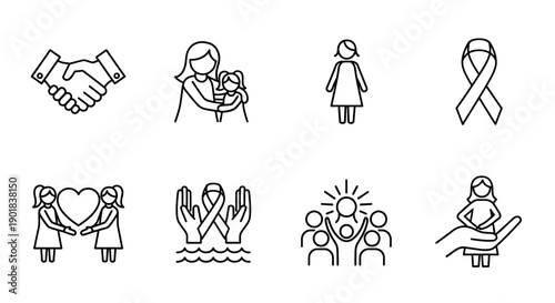 A collection of line art icons representing support, community, and awareness, including handshakes, mothers and children, ribbons, and people holding hearts.