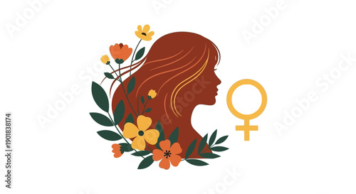 Silhouette of a woman's profile adorned with flowers and leaves, next to the female symbol.