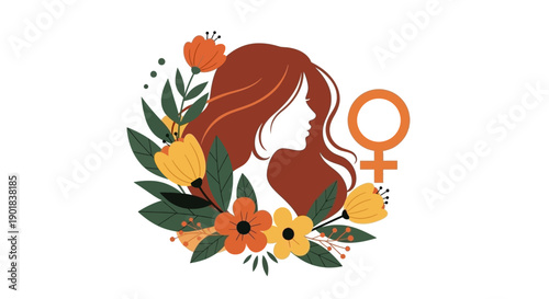A stylized illustration of a woman's profile surrounded by vibrant flowers and leaves, with the female gender symbol prominently displayed.