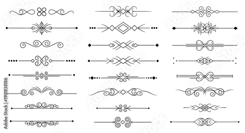 A collection of ornate decorative line dividers and flourishes for graphic design and page layout.