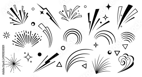 A collection of black and white graphic elements depicting bursts, sparkles, and abstract shapes, suitable for design accents.