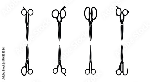Collection of black silhouette scissors in various styles and positions