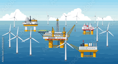 Offshore Wind Farm with Oil Rigs in Ocean