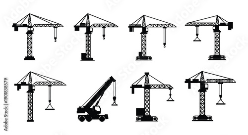Collection of various construction cranes and heavy machinery icons