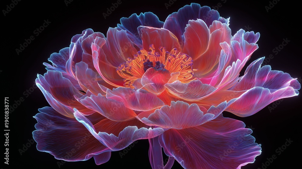 Obraz premium A stunning peony flower radiates vibrant hues of pink and orange, its delicate petals glowing softly against a dark background, creating a mesmerizing visual experience full of beauty