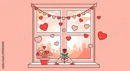 Valentines Day Window Decoration with Hearts.