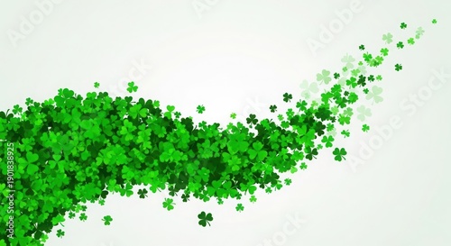 A vibrant wave of green clover shapes flows across a light background