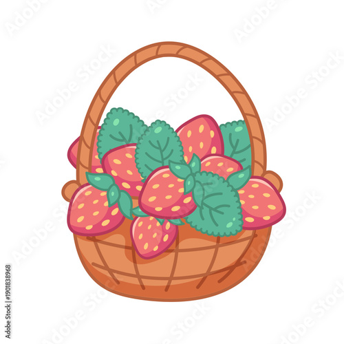 Kawaii strawberry basket. Woven basket with strawberries. Vector illustration in Japanese style, icon on transparent background