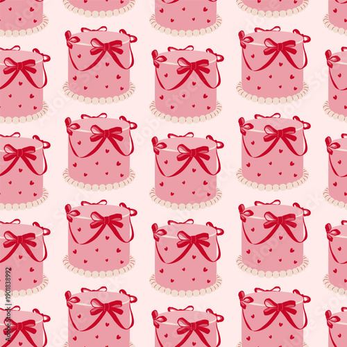 Seamless pattern with elegant flat cake, red bows and ribbons. Romantic r festive ornament in pink and red colors. Print for fabric, packaging and crafts