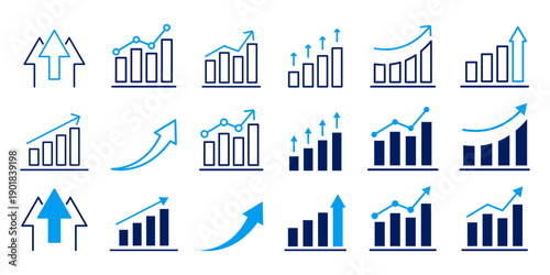 Extensive collection of fifteen blue icons representing financial growth and business progress, featuring bar charts, line graphs, and upward arrows in both filled and outline styles.