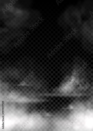 Realistic thick smog clouds effect. Vector illustration with white mystery fog or mist over ground. Atmospheric phenomenon with condensation of water in the air. Transparent overlay effect.