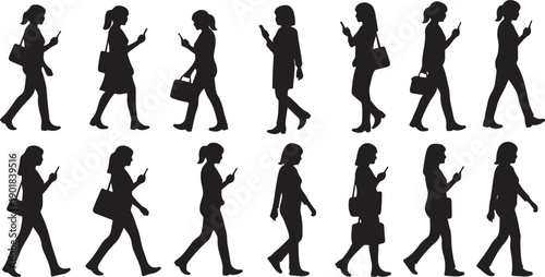 A sequence of silhouettes depicting people walking and using mobile devices