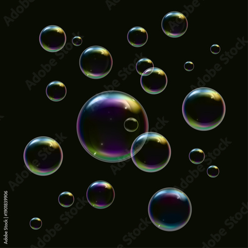 Iridescent soap bubbles float against a dark black background