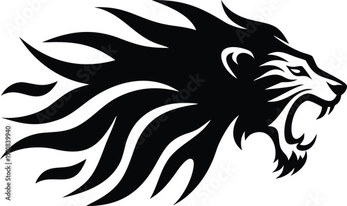 A powerful black silhouette of a roaring lion head with an expressive mane flowing to the side