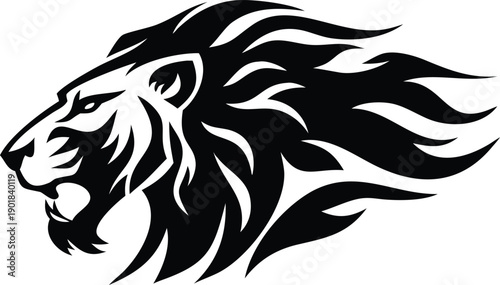 A powerful roaring black lion head in profile displays intricate stylized flame elements within its mane