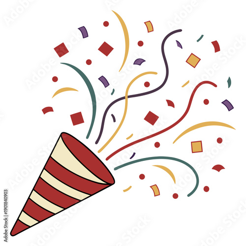 Colorful party popper with confetti bursting out in a festive celebration. Vector