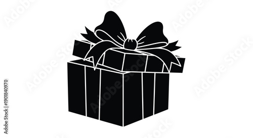 A black and white illustration of an open gift box with a bow