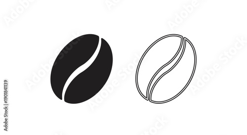 Two coffee beans one solid and one outlined depicted in black and white