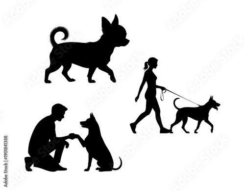 Silhouettes showing dogs with humans walking, training, and interacting in everyday pet lifestyle scenes outdoors.