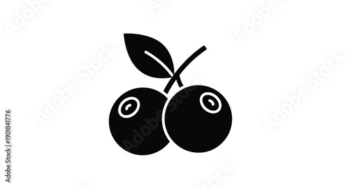 A simple black silhouette illustration of two blueberries with a leaf