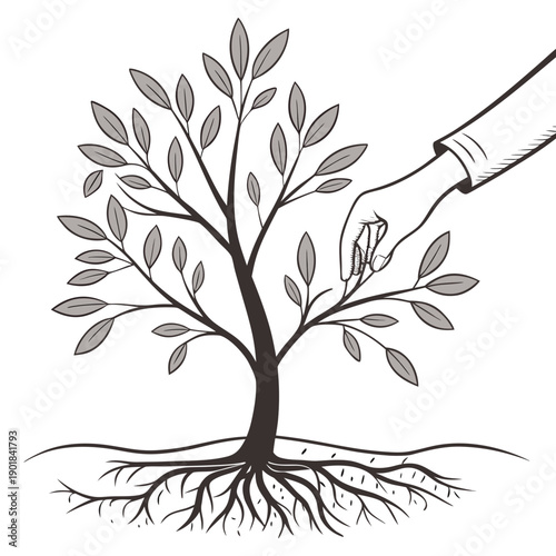 A detailed illustration of a tree with roots and branches extending outwards Vector