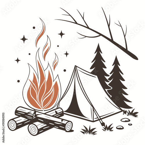 A cozy campsite with a burning fire, tents, and trees in the background. Vector