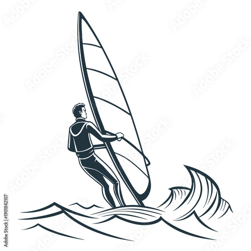 A person windsurfing on a choppy sea with a sail and a board Vector