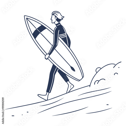 A man carrying a surfboard on a sandy beach with waves in the background. Vector