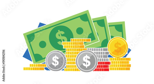 A colorful pile of money including bills coins and gold