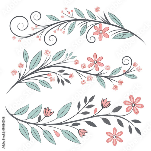 Delicate floral and leafy swirls in soft pastel shades of pink and blue Vector