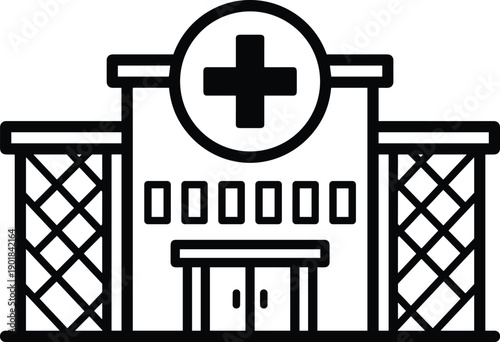 Hospital building vector illustration, black line icon of healthcare facility with cross emblem for medical and institutional design