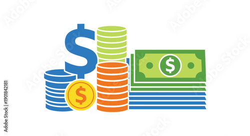 Stacks of money and currency symbols representing financial wealth and investment