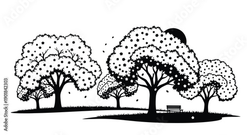 Stylized black and white illustration of trees and a park bench