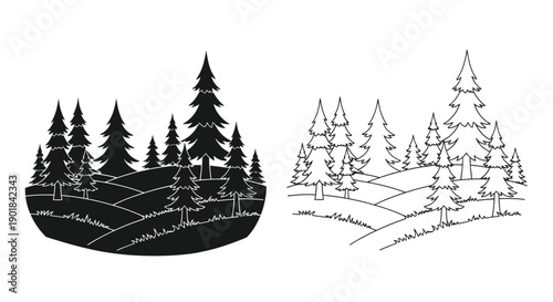 Two contrasting depictions of a forest landscape with evergreen trees