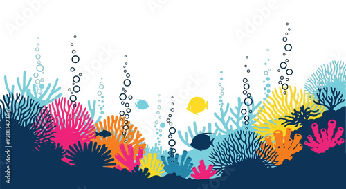 Colorful coral reef scene with fish and bubbles in a marine environment