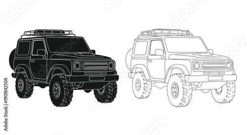 Two illustrations of a rugged suv one black and one white outline