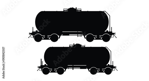 Silhouettes of two black tank railcars on a white background